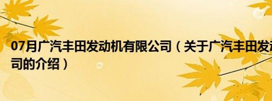 07月广汽丰田发动机有限公司（关于广汽丰田发动机有限公司的介绍）